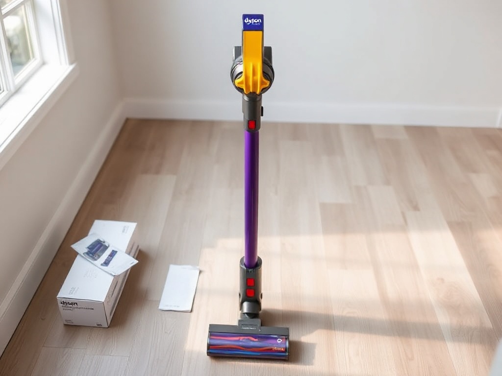 Dyson V15 Detect Pro cordless vacuum cleaner standing upright on light wood floo