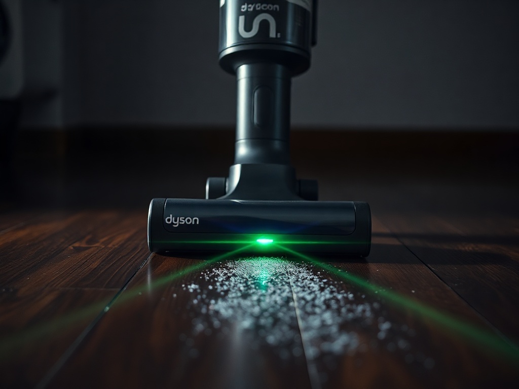 Close-up of Dyson vacuum Slim Fluffy cleaner head running on dark hardwood floor