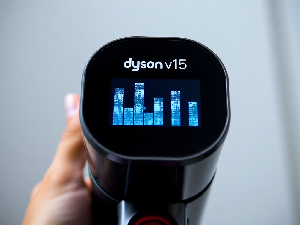 Dyson V15 LCD screen displaying dust particle bar chart with blue columns, sharp