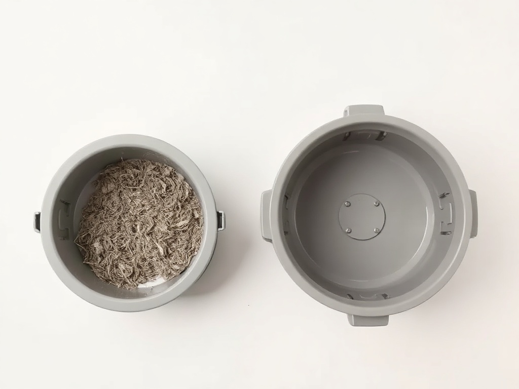 Two vacuum cleaner dustbins side by side on white background: left small 0.77L f