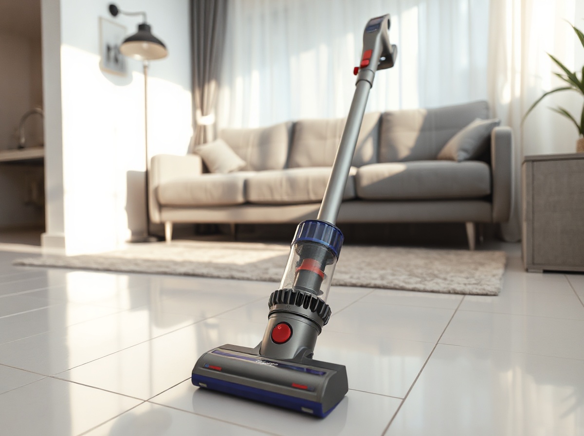 Dyson V8 Extra cordless vacuum cleaner standing on white tile floor of modern Vi