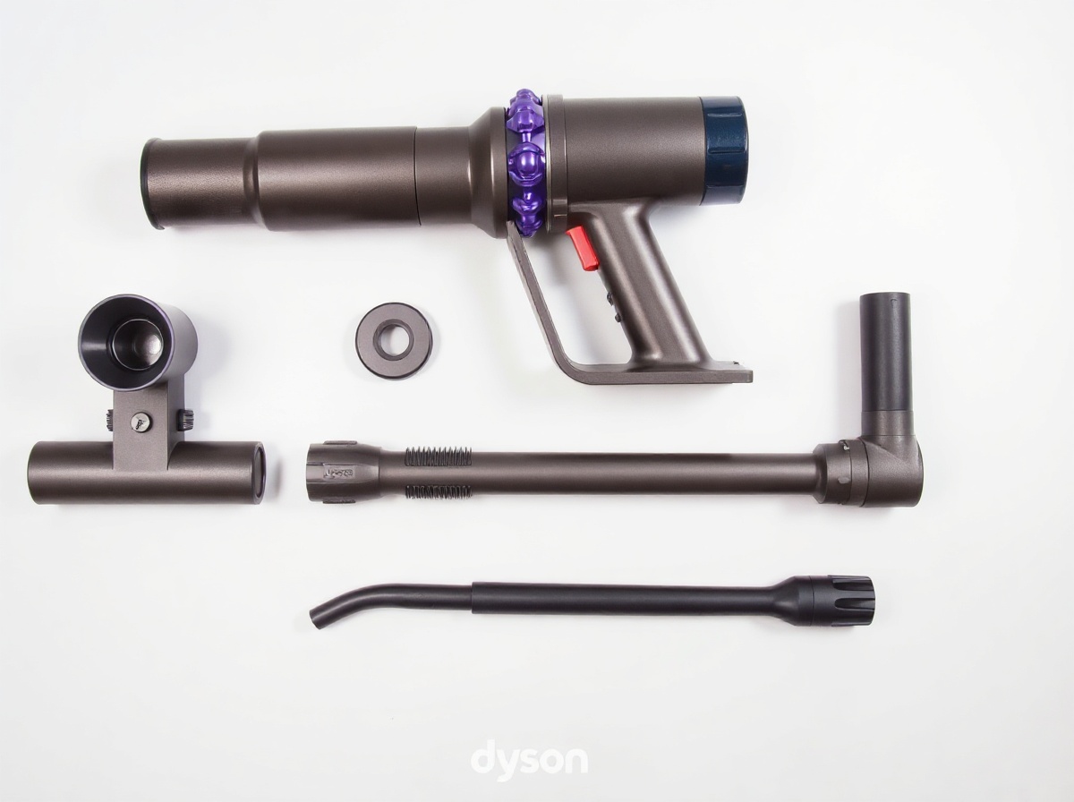 All Dyson V8 Extra attachments flat lay on white surface: direct drive head, min