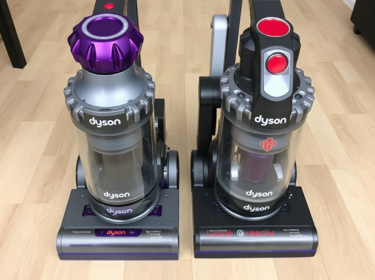 Dyson V8 Extra next to Dyson V15 Detect Pro, side-by-side size comparison on lig
