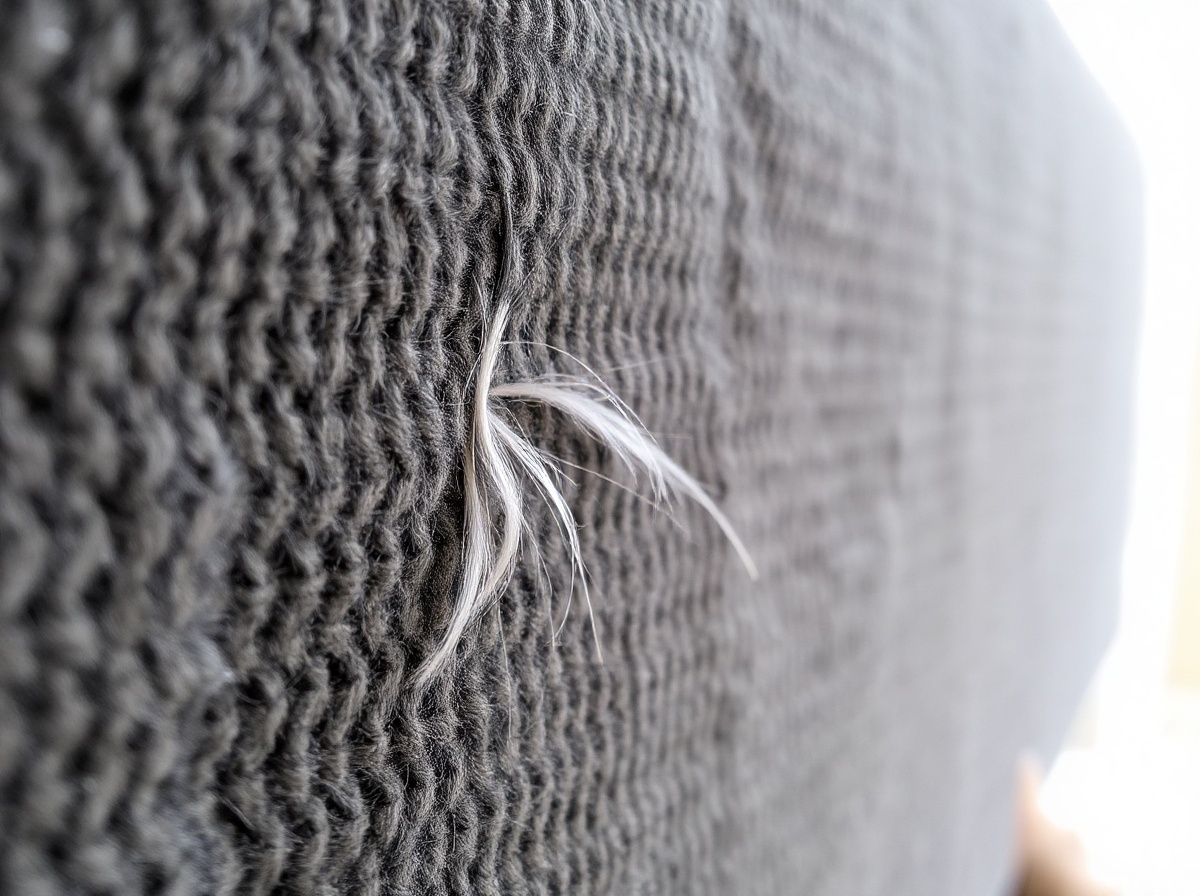 Close-up of grey fabric sofa surface with white cat hair visibly clinging to fab
