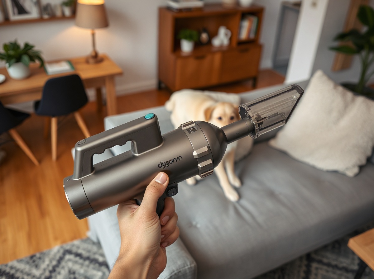 Hand holding Dyson V8 Extra in handheld mode, mini motorized tool vacuuming sofa