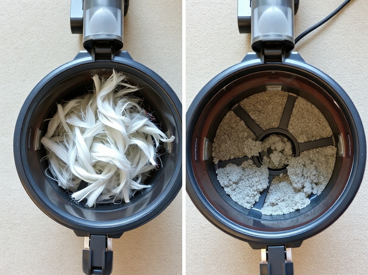 Transparent dustbin of Dyson vacuum filled with white pet cat hair and grey dust