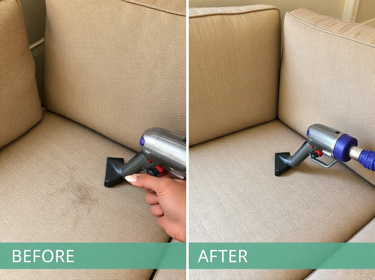 Side-by-side comparison: left sofa surface covered in pet hair before cleaning, 