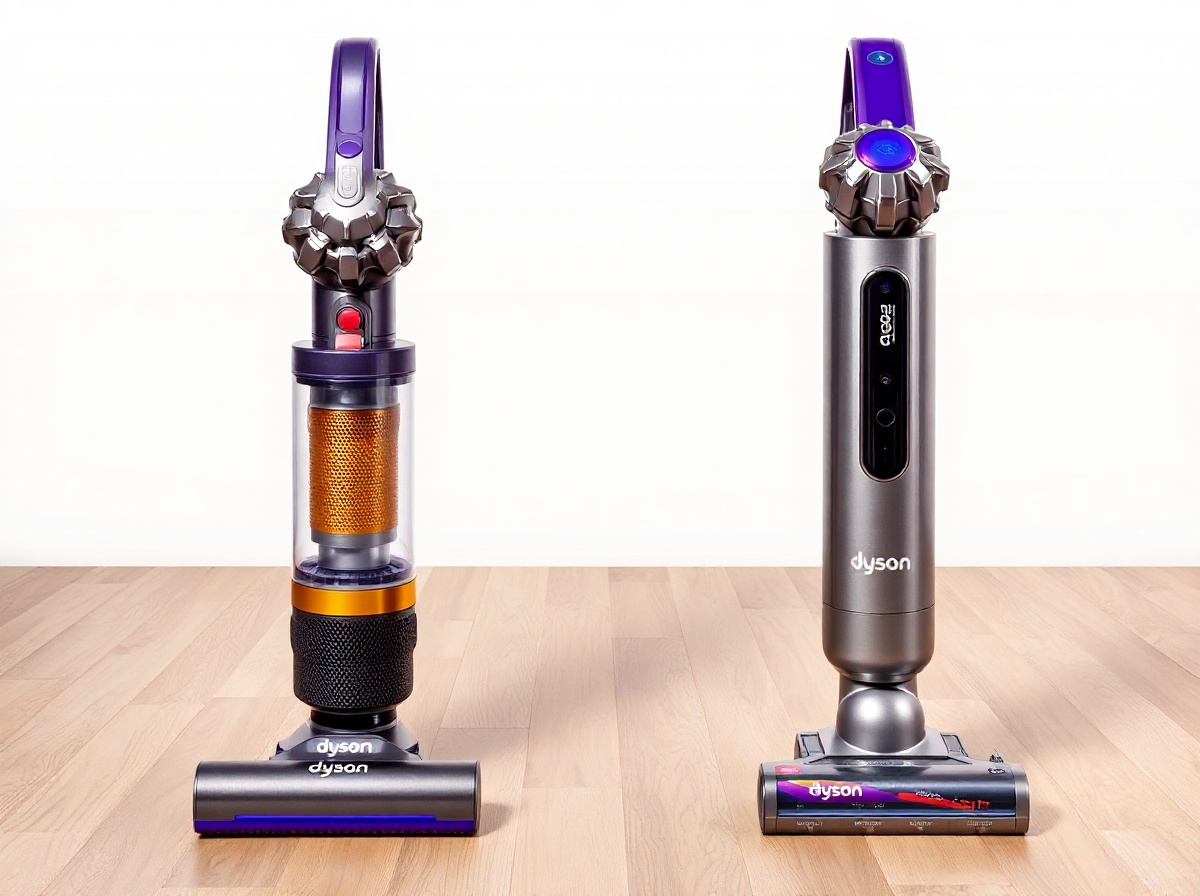 Dyson V15 Detect Pro (purple-gold) and Dyson V8 Extra (nickel-grey) standing sid
