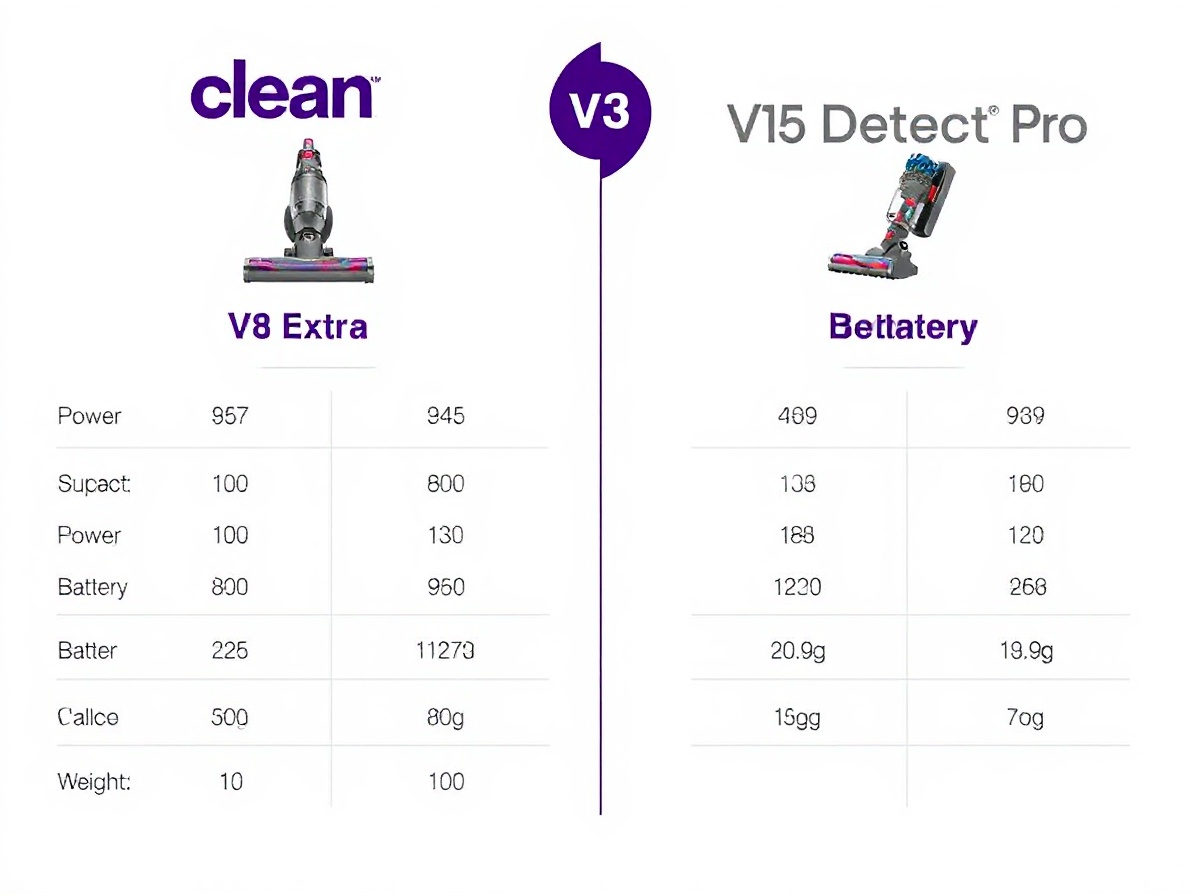 Clean infographic comparison table: two columns V8 Extra vs V15 Detect Pro, rows