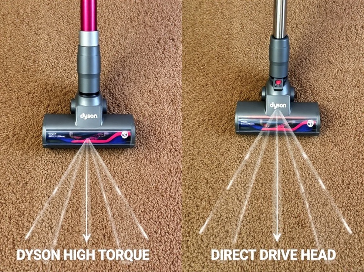 Dyson High Torque cleaner head vacuuming brown long-pile carpet vs Direct Drive
