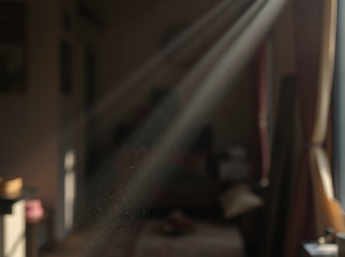 Fine dust particles floating in a room, sunlight beam from window making dust vi