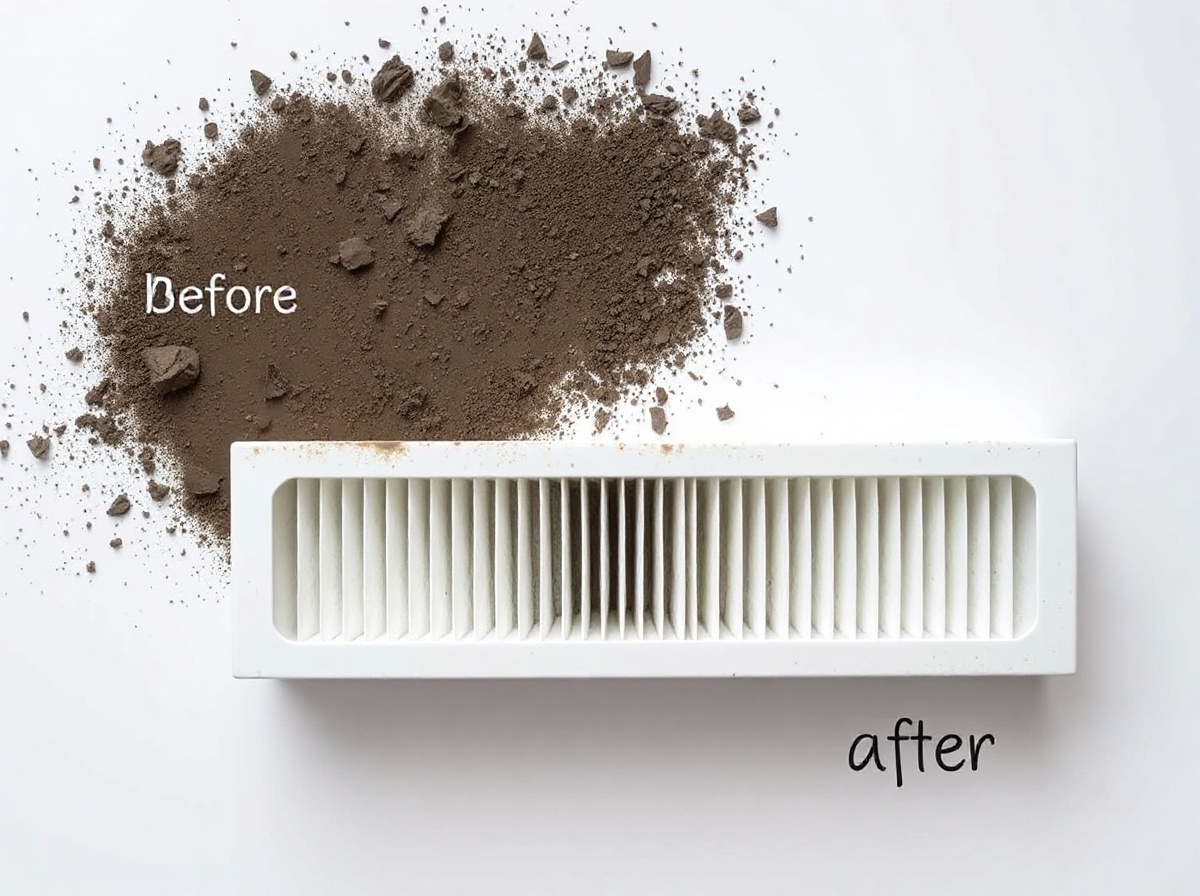 Dirty HEPA filter (dark grey-black) placed next to clean HEPA filter (white-blue