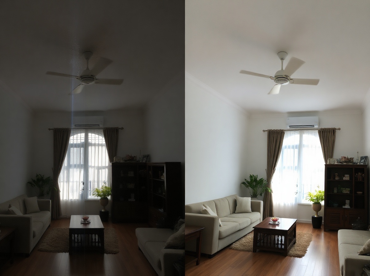 Vietnamese apartment living room before and after: left with visible dust in air