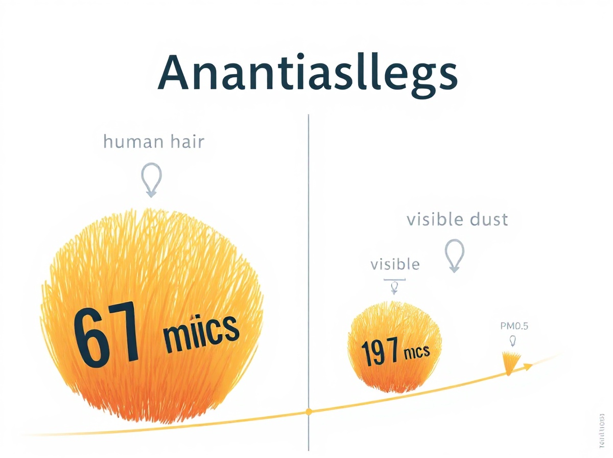 Scientific infographic comparing dust particle sizes: human hair 70 microns, vis