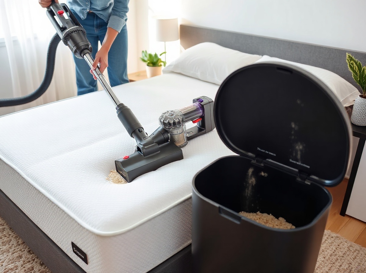 Person using Dyson V8 Extra with mattress tool attachment vacuuming white mattre