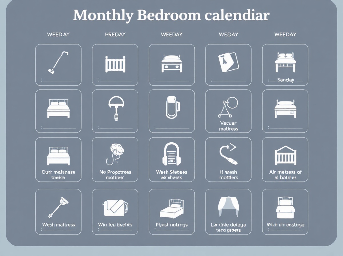 Monthly bedroom maintenance calendar infographic, 12 boxes for each week, icons