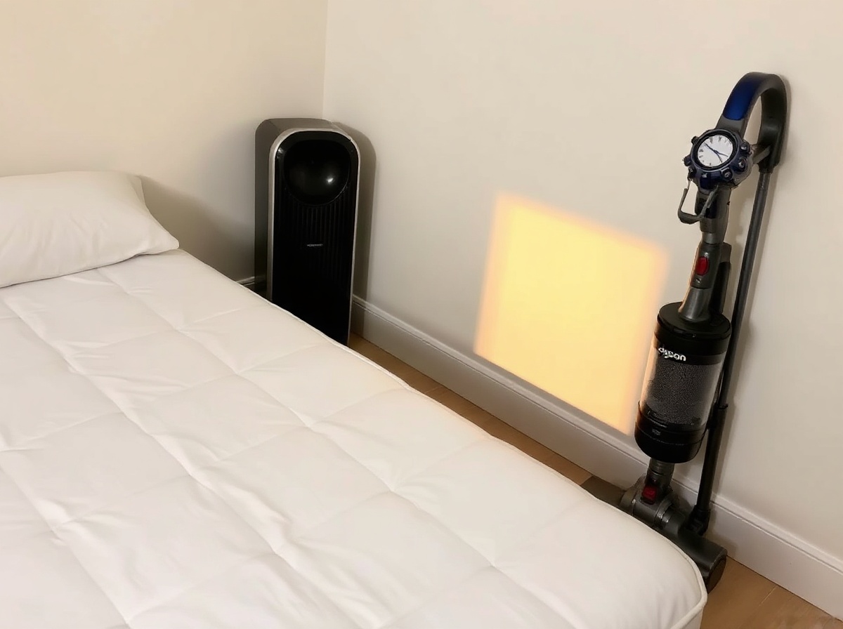 Clean bedroom setup: white mattress with anti-mite cover, small dehumidifier in