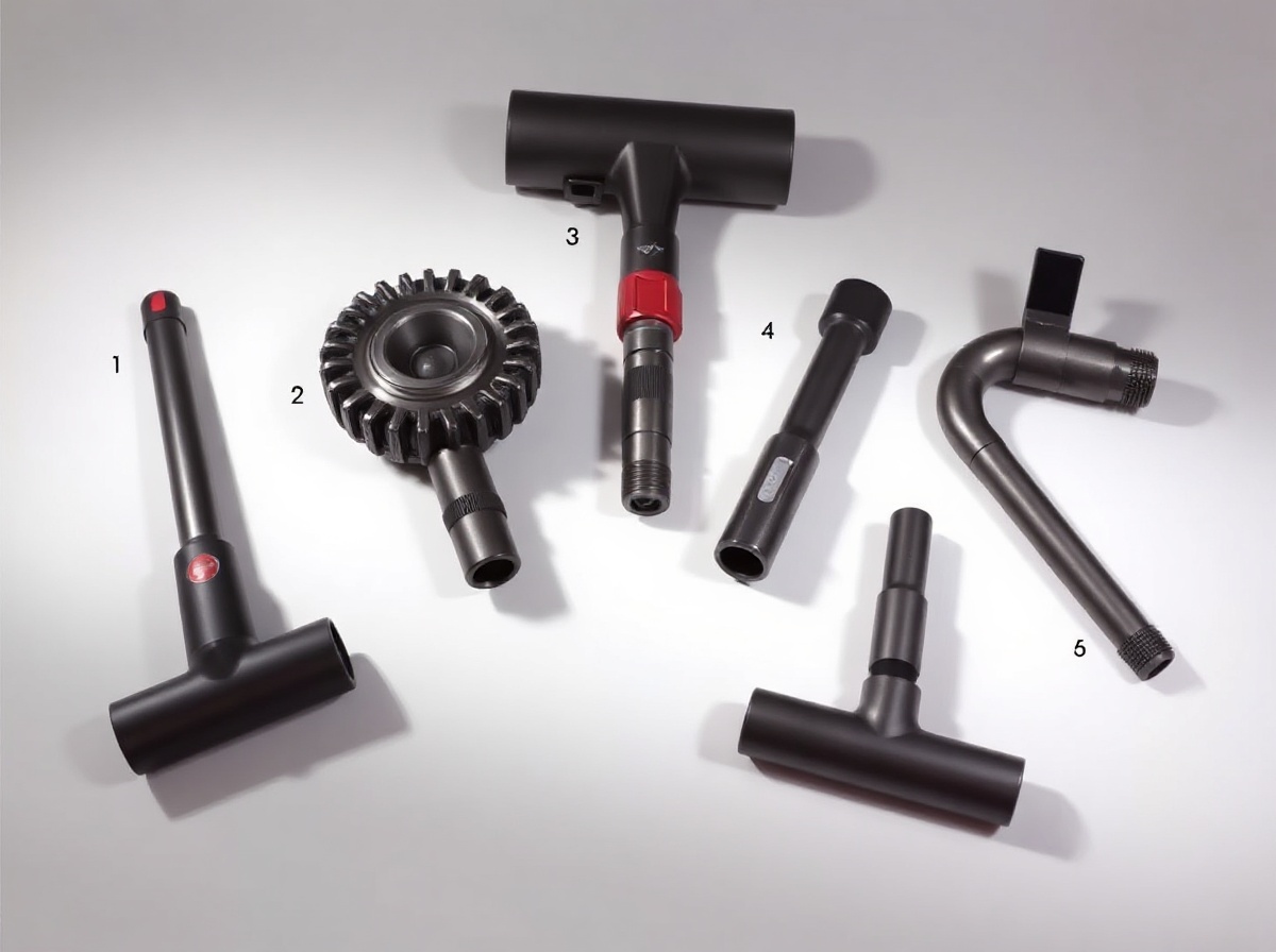 All Dyson V15 Detect Pro attachments flat lay on white table: Slim Fluffy head,