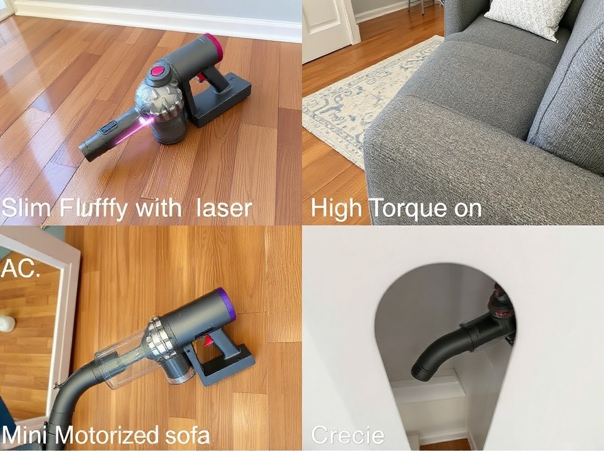 Four-panel photo grid showing Dyson V15 attachments in use: A) Slim Fluffy with 