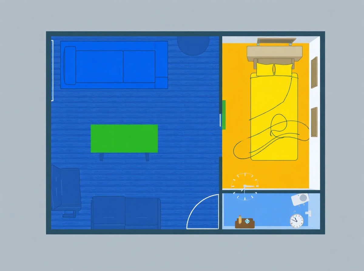 Apartment floor plan top-down view with room zones color-coded by cleaning order