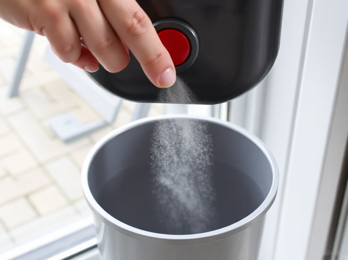 Hand pressing red button on Dyson V15 dustbin over trash can, dust falling clean