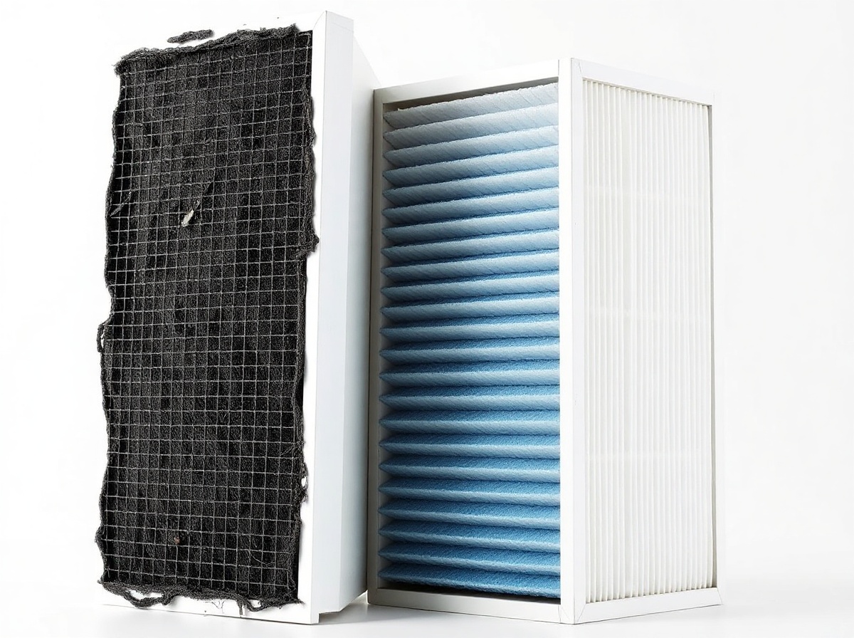 Two HEPA filters on white background: left dirty black grey after months of use,