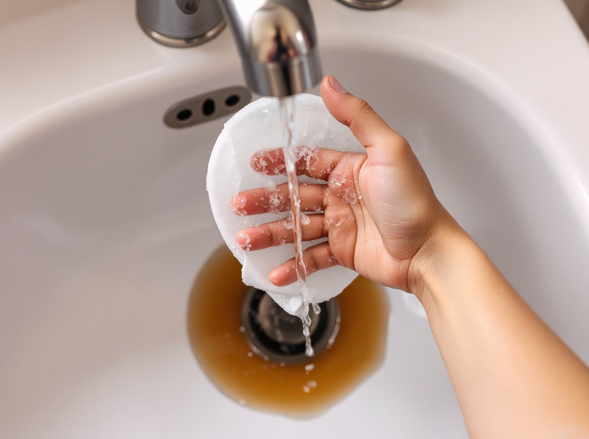 Hands washing Dyson HEPA filter under cold running tap water, water running dark