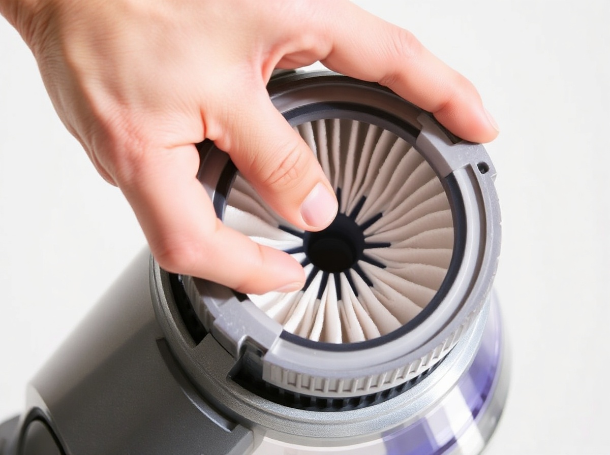 Clean Dyson V8 Extra filter being inserted back into vacuum body, hand twisting 