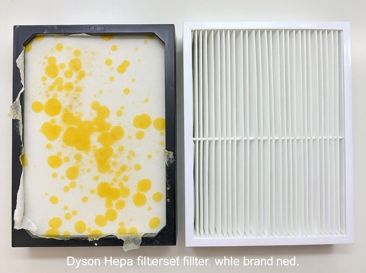 Old damaged Dyson HEPA filter with yellow stains and small tears at edges, place