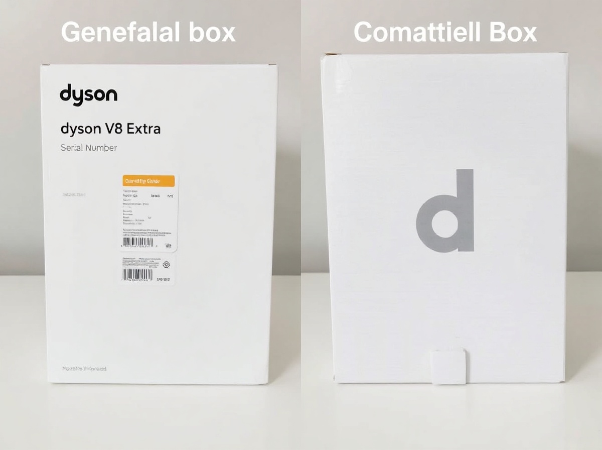 Two boxes: left genuine Dyson V8 box with clear branding serial number warranty