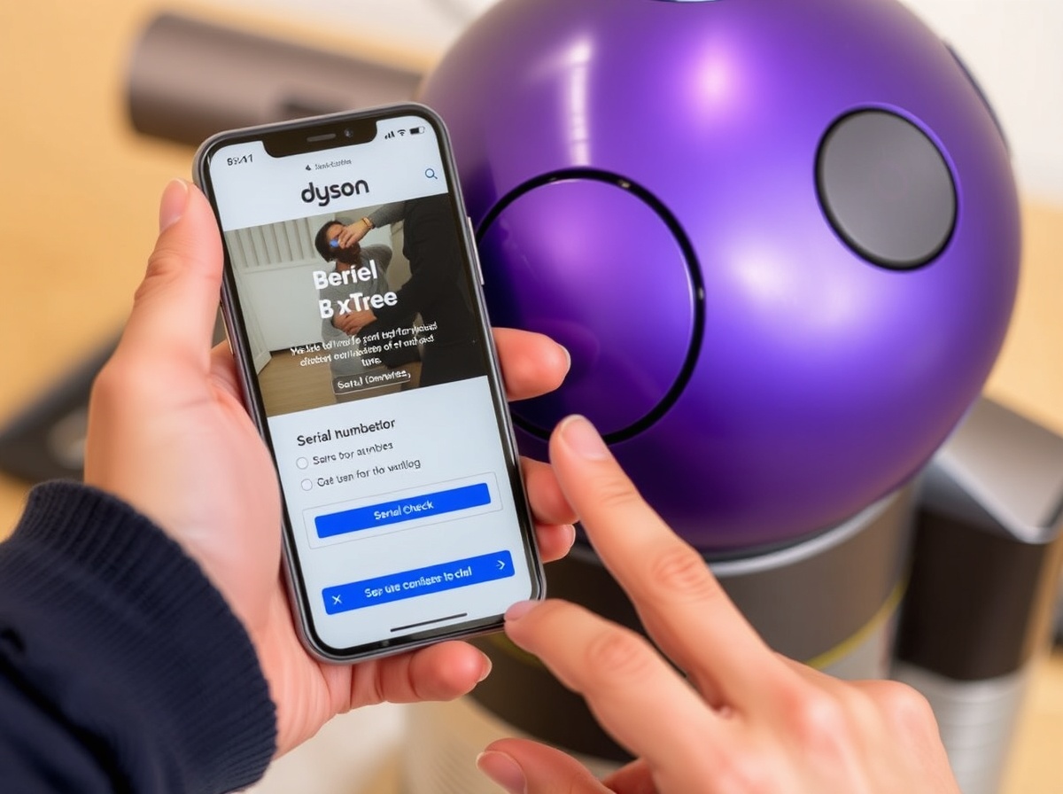 Hand holding Dyson V8 Extra, pointing to serial number on body, smartphone open