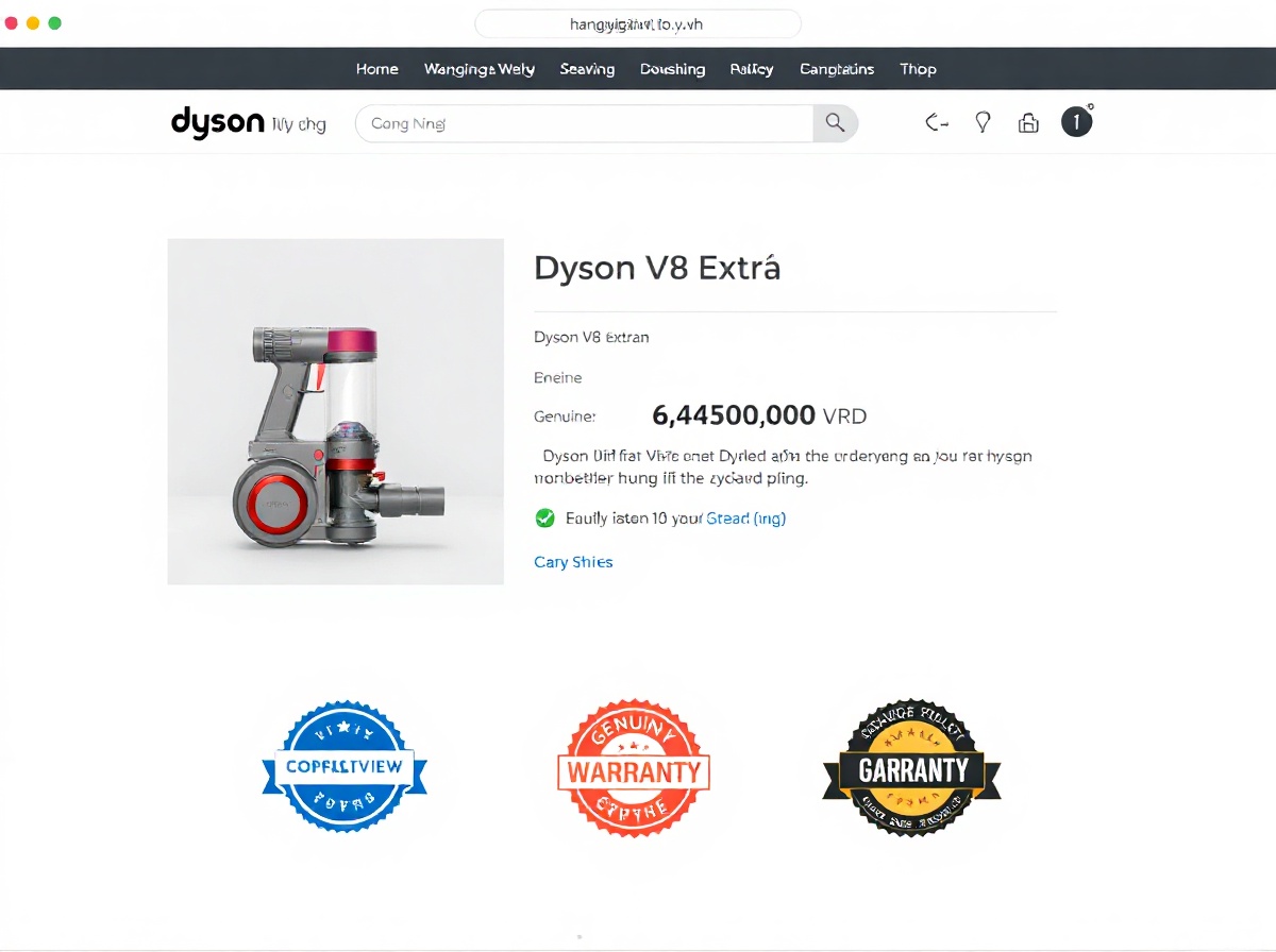 Screenshot mockup of hangmygiaviet.io.vn product page for Dyson V8 Extra, showin