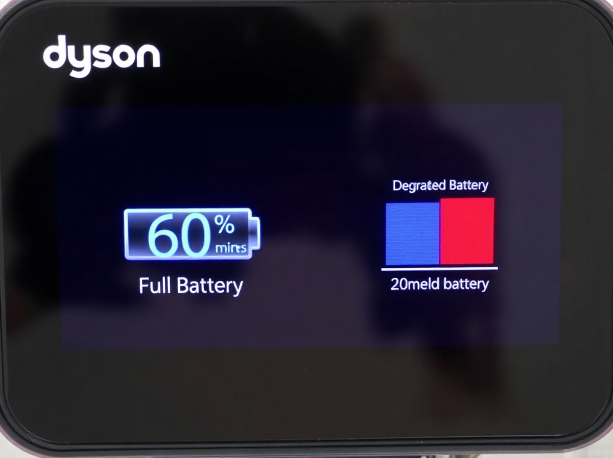 Dyson V15 LCD screen showing battery percentage and minutes remaining, beside a