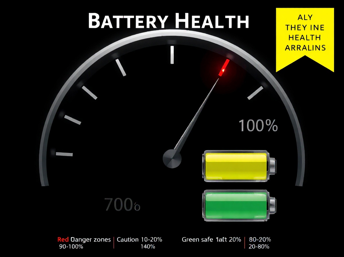 Battery health infographic: battery gauge from 0% to 100% with color zones - red