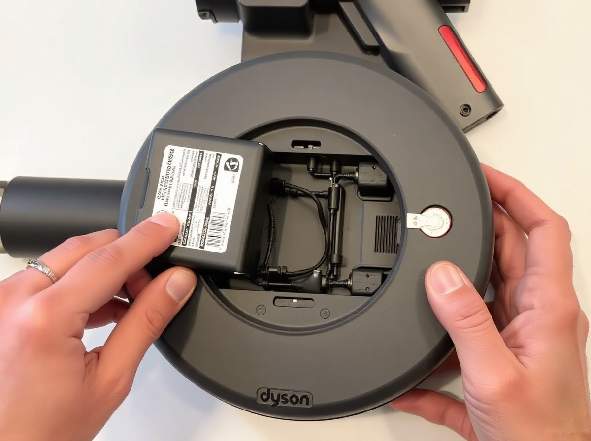 Dyson V8 Extra battery pack being removed from the bottom of the unit. Hands per
