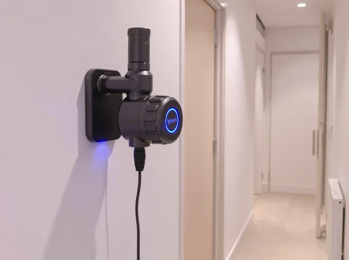 Dyson V8 Extra on wall dock being charged, blue charging LED visible. Mounted on