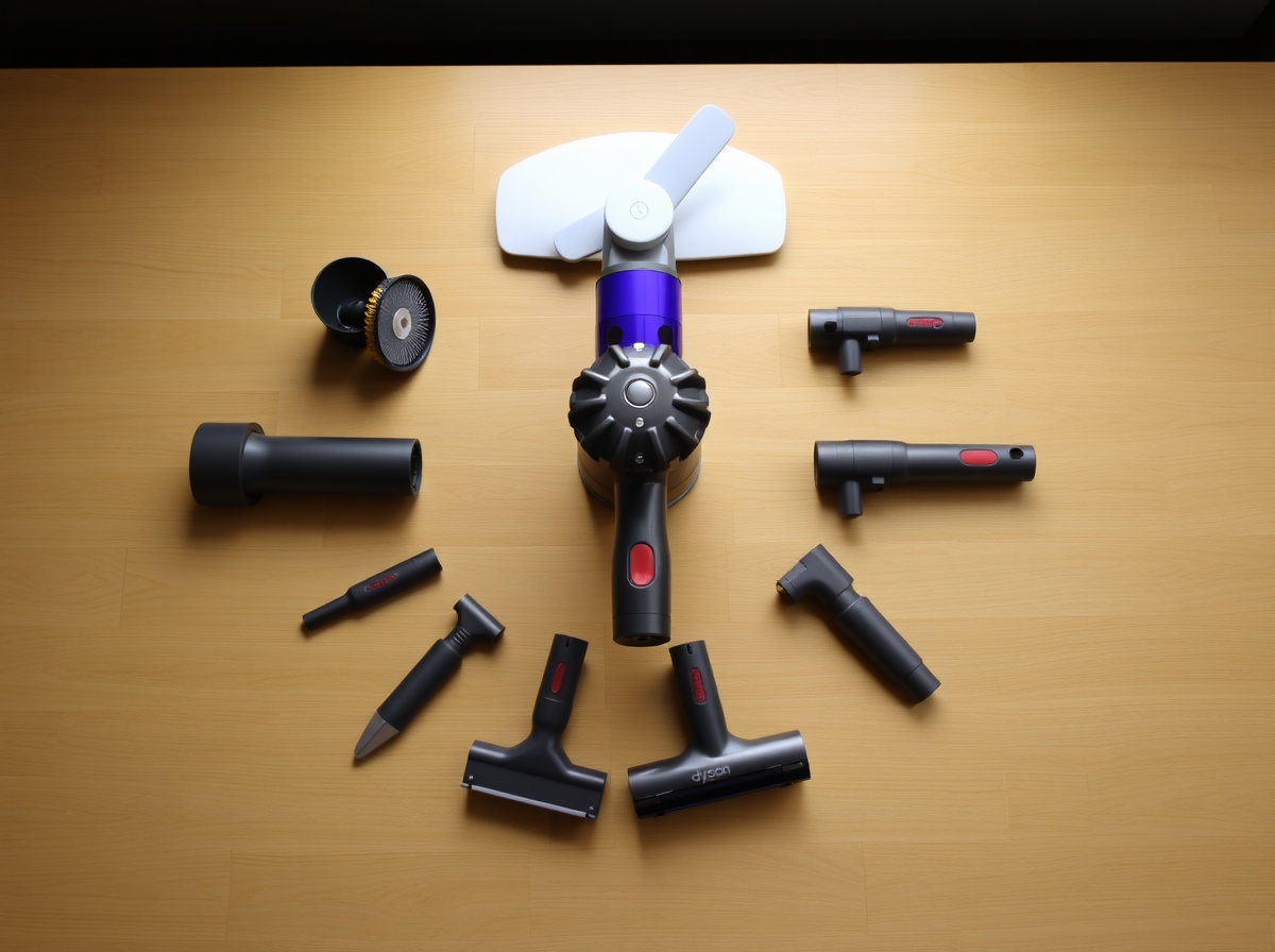 Dyson V8 Extra with all attachments arranged radially around it on wooden table.