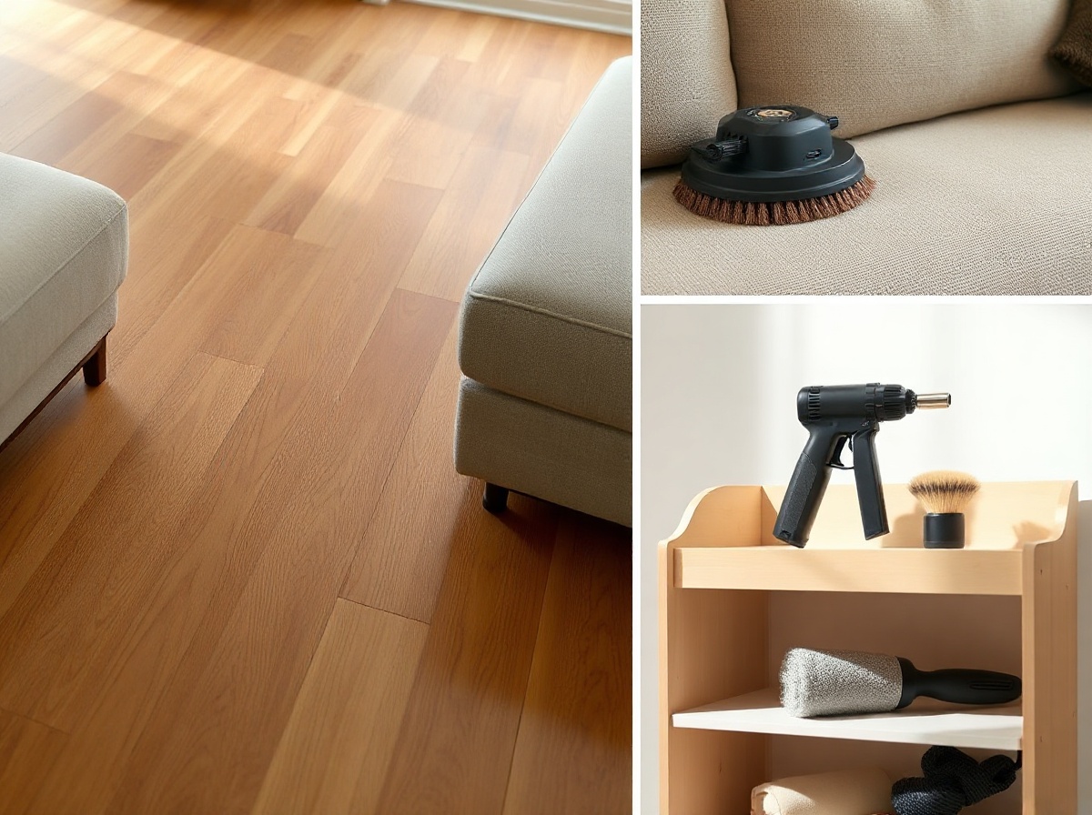 Three-scene photo collage: A) Direct Drive on wood floor B) Mini Motorized on so