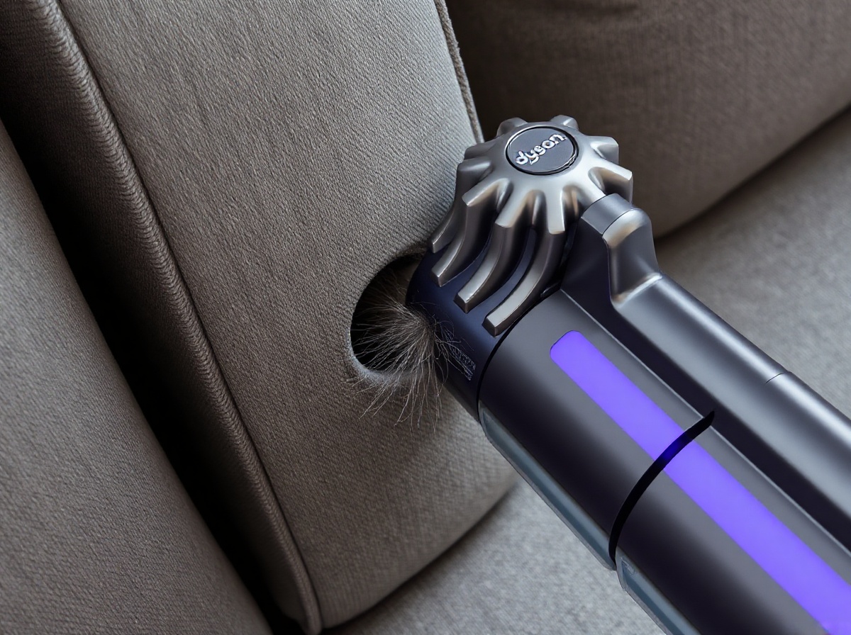 Dyson V8 Extra in handheld mode, Crevice Tool attachment inserted into narrow ga