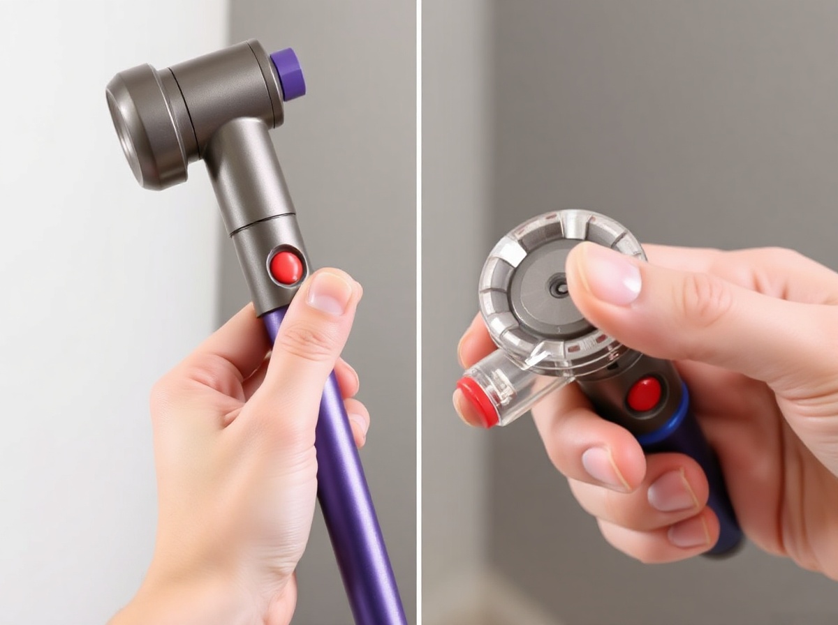 Hand demonstrating clicking attachment onto Dyson wand: pressing red release but