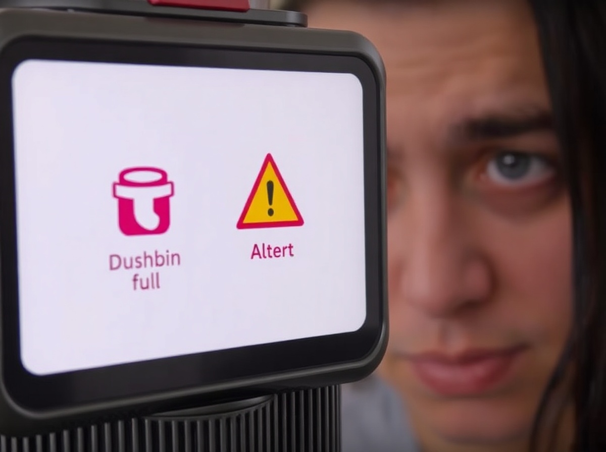 Dyson V15 LCD screen showing warning icons: red dustbin full icon, filter warnin