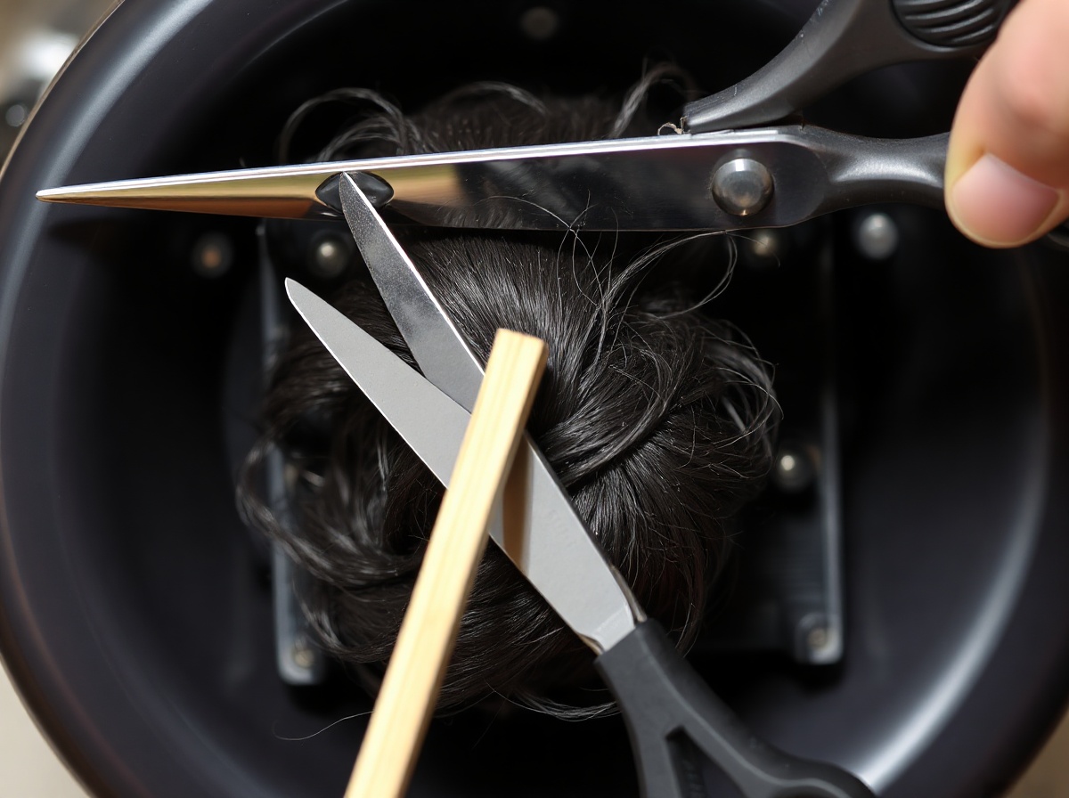 Scissors cutting tangled hair from Dyson brush roll. Close-up of the dark roller
