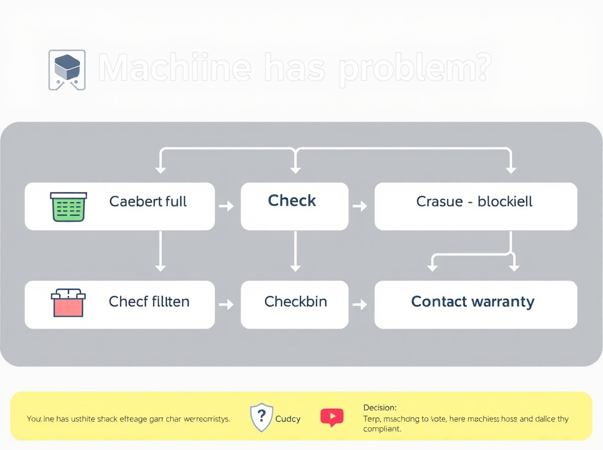 Troubleshooting decision flowchart infographic: Machine has problem? → Check dus