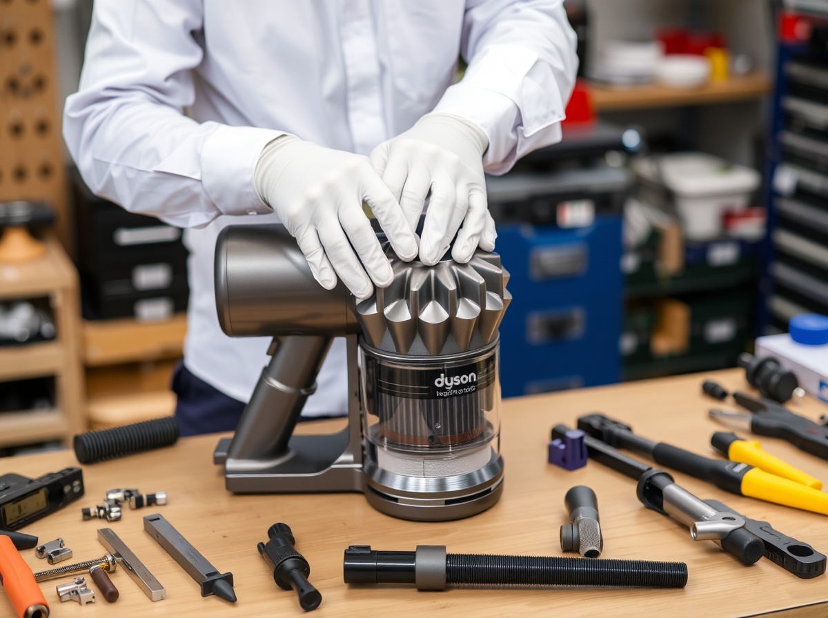 Professional technician wearing white gloves inspecting Dyson V15 on workbench w