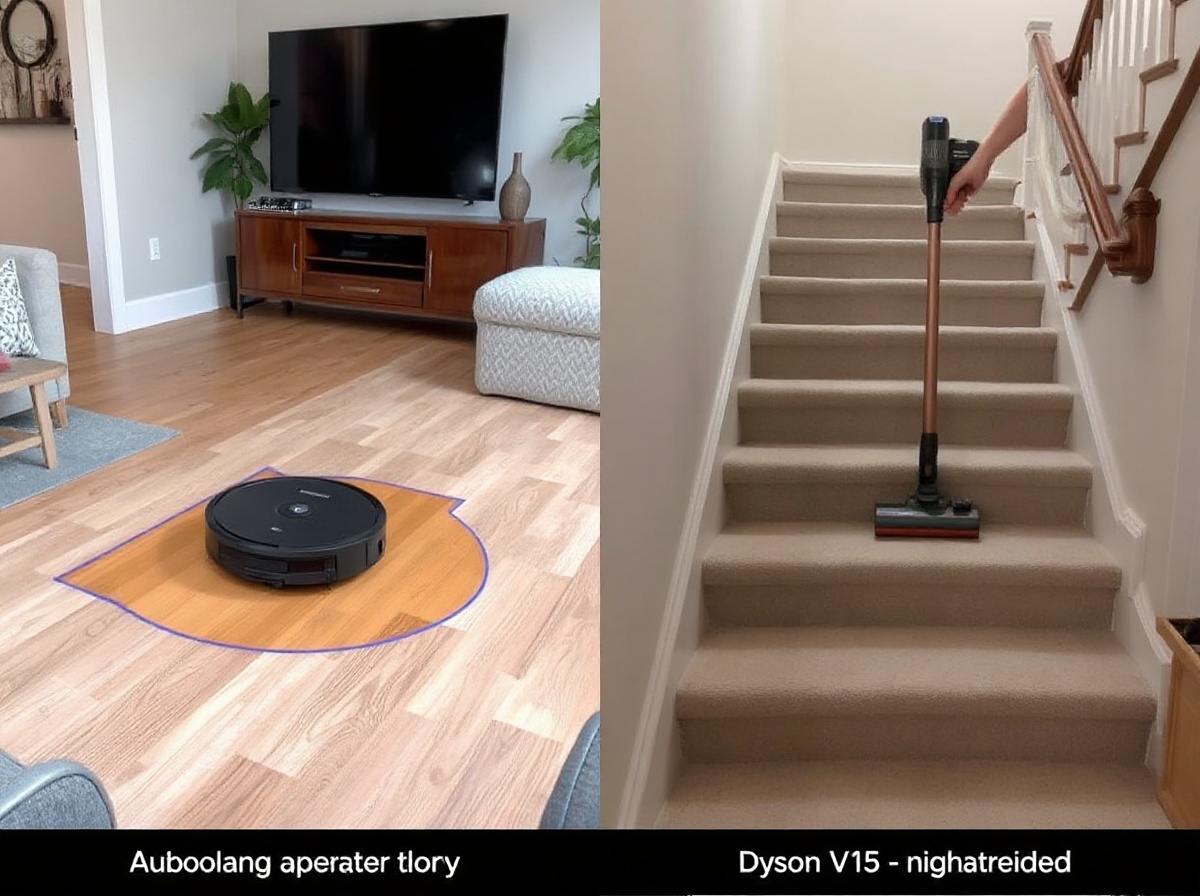 Split screen: left robot vacuum autonomously mapping and cleaning open plan apar