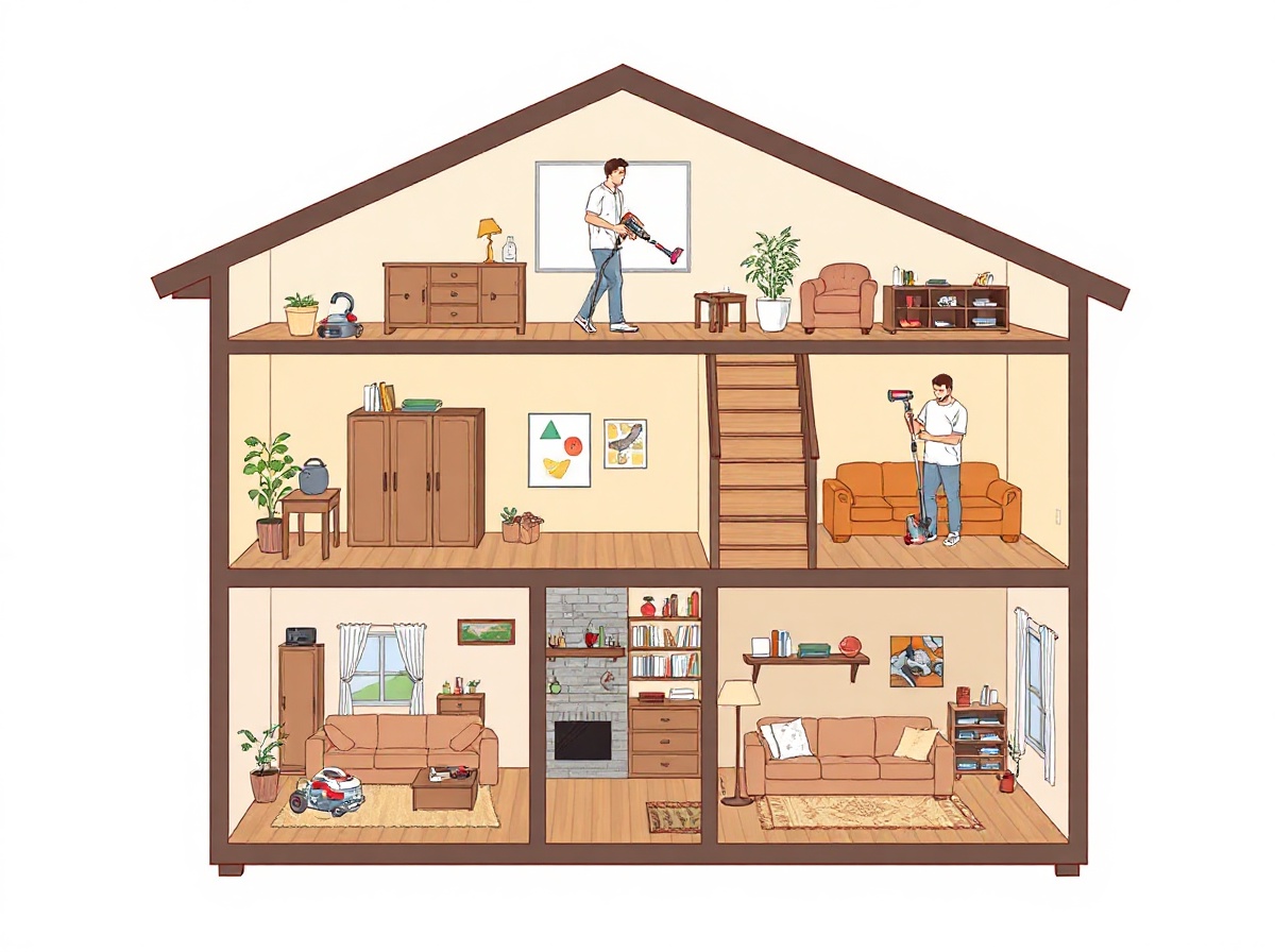 3-floor house cross-section diagram: floor 1 robot vacuum running autonomously, 