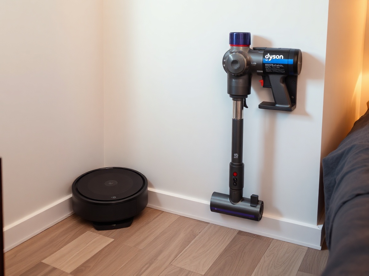 Clean corner of modern apartment: robot vacuum docked on charging base against w