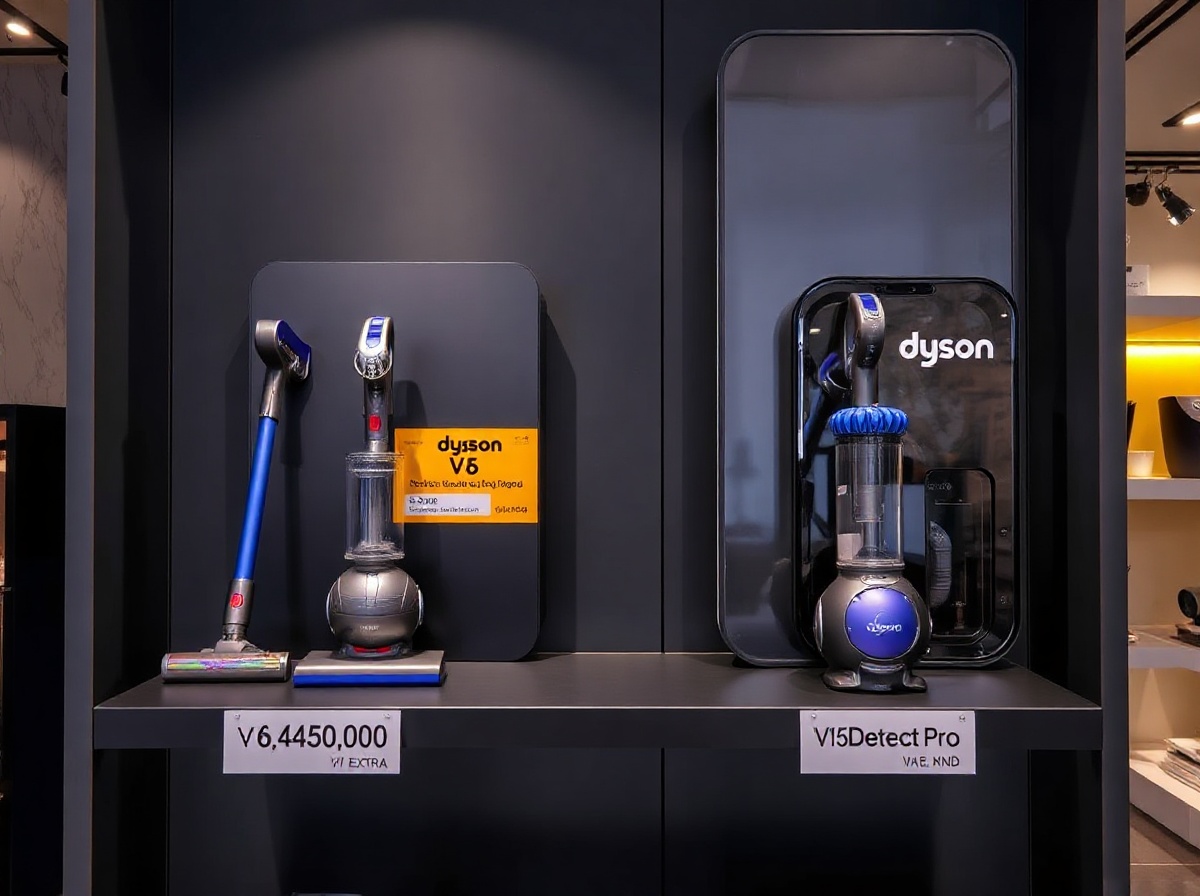 Two Dyson products on retail display shelf: V8 Extra with 6450000 VND price tag,