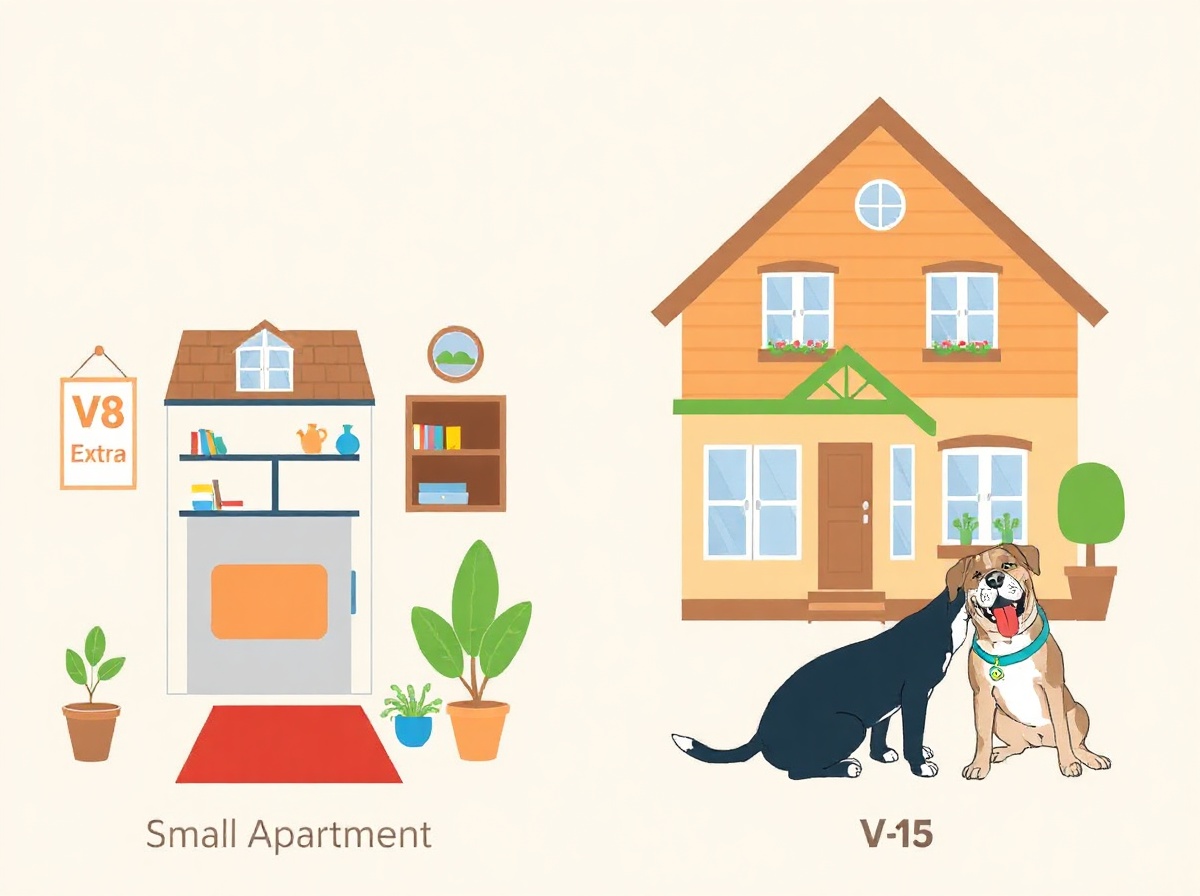 Two customer scenarios side by side: left small apartment with V8 Extra label, r