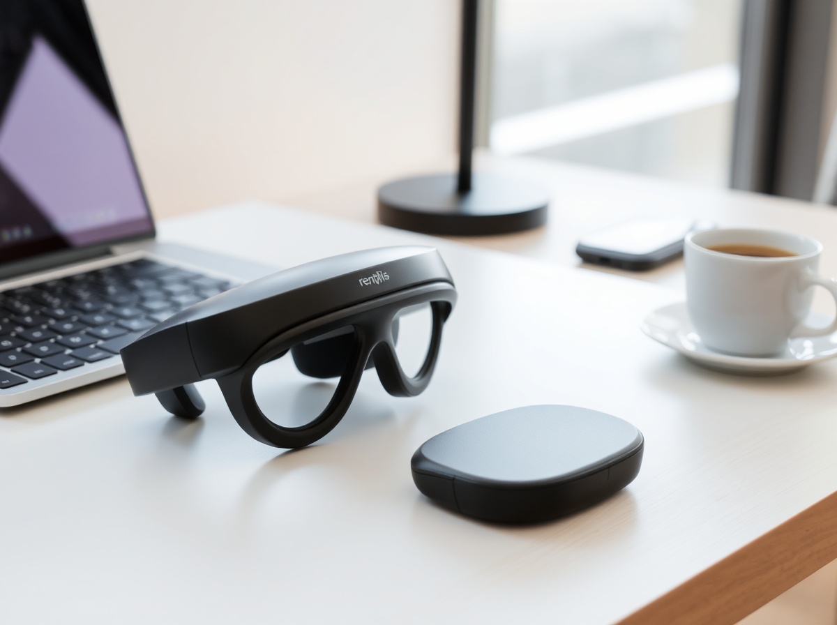 Renpho Eyeris 3 black eye massager sitting on minimalist desk beside open laptop